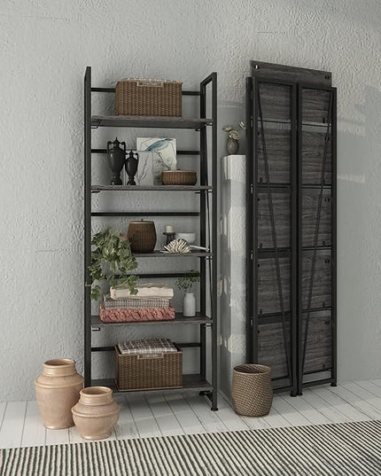 No-Assembly Folding Bookshelf Storage Shelves 5 Tiers Vintage Multifunctional Plant Flower Stand Storage Rack Shelves Bookcase for Home Office (Gray and Black) - LeafyLoom
