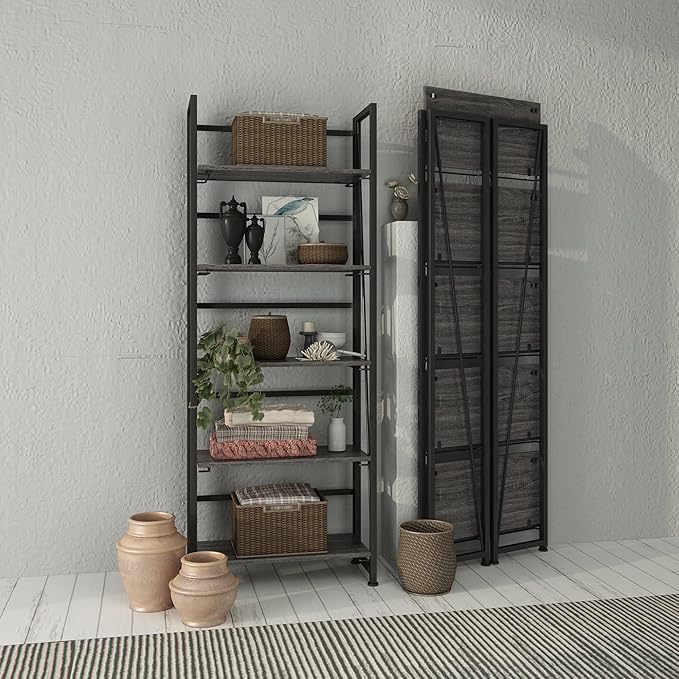No-Assembly Folding Bookshelf Storage Shelves 5 Tiers Vintage Multifunctional Plant Flower Stand Storage Rack Shelves Bookcase for Home Office (Gray and Black) - LeafyLoom