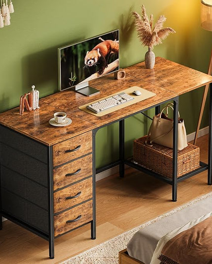 55 Inch Computer Desk with 4 Drawers, Office Desk with Mesh Shelf, Gaming Desk, Large Storage, Writing Desk Work Desk for Home Office, Study, Bedroom, Work from Home, Rustic Brown - LeafyLoom