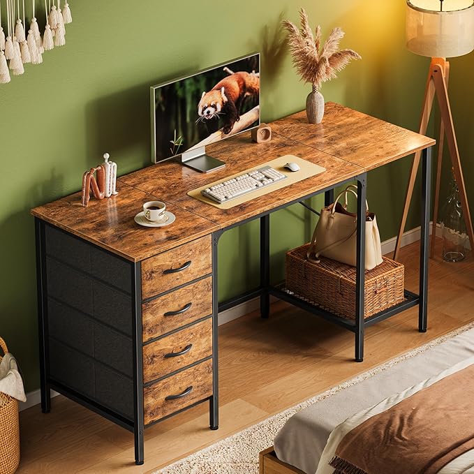 55 Inch Computer Desk with 4 Drawers, Office Desk with Mesh Shelf, Gaming Desk, Large Storage, Writing Desk Work Desk for Home Office, Study, Bedroom, Work from Home, Rustic Brown - LeafyLoom