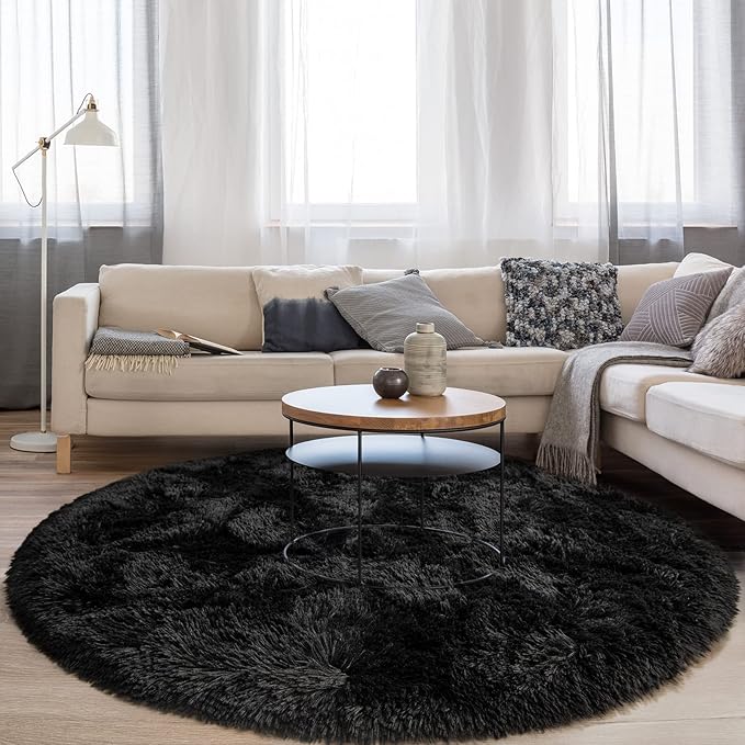 Black Round Rug for Bedroom, Super Fluffy Circle Rugs for Baby Nursery, 5'X5' Feet Furry Carpet for Children Kids Room, Cute Soft Shaggy Rug for Girls Home Decor, Fuzzy Plush Carpets for Dorm - LeafyLoom