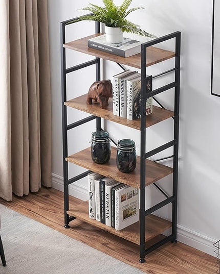 Industrial 4 Tier Bookshelf, Wood Etagere Bookshelves and Bookcase with Metal Frame, Rustic Standing Unit Shelf Display Rack for Living Room/Home Office, Vintage Brown - LeafyLoom