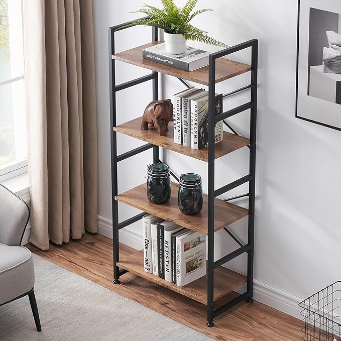 Industrial 4 Tier Bookshelf, Wood Etagere Bookshelves and Bookcase with Metal Frame, Rustic Standing Unit Shelf Display Rack for Living Room/Home Office, Vintage Brown - LeafyLoom