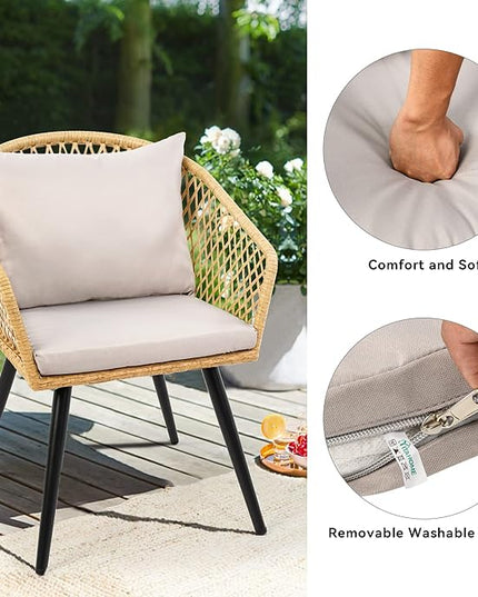 YITAHOME 3-Piece Wicker Balcony Small Patio Furniture Chair Set, Outdoor Rattan Conversation Chairs for Backyard, Balcony and Apartment with Soft Gray Cushions, Glass Side Table Light-Yellow - LeafyLoom