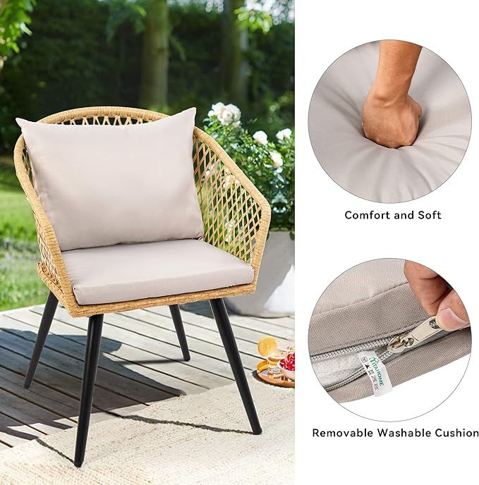 YITAHOME 3-Piece Wicker Balcony Small Patio Furniture Chair Set, Outdoor Rattan Conversation Chairs for Backyard, Balcony and Apartment with Soft Gray Cushions, Glass Side Table Light-Yellow - LeafyLoom