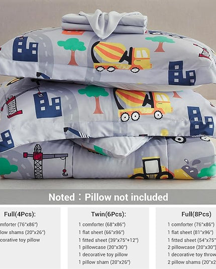 Mooreeke Bed in a Bag for Kids Boys Teens, 8 Pieces Full Size Comforter Bed Set with Shams, Sheet Set and Decorative Toy Pillow, Excavator Super Soft Microfiber Kids Comforter Bedding Set - LeafyLoom
