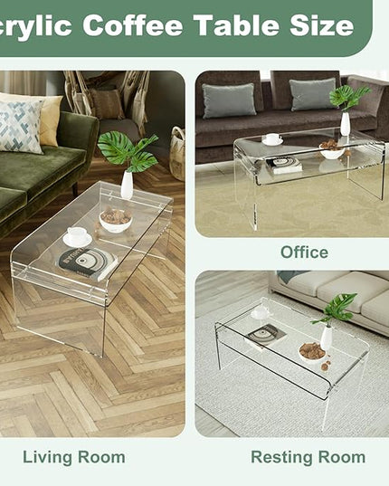 Acrylic Coffee Table, 31.5" Clear Coffee Table with Storage Shelf, Rectangle Centre Table, Modern Coffee Table for Living Room, Office，31.5" L x 15.8" W x 15" H - LeafyLoom