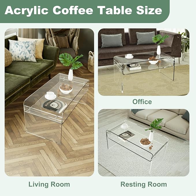 Acrylic Coffee Table, 31.5" Clear Coffee Table with Storage Shelf, Rectangle Centre Table, Modern Coffee Table for Living Room, Office，31.5" L x 15.8" W x 15" H - LeafyLoom