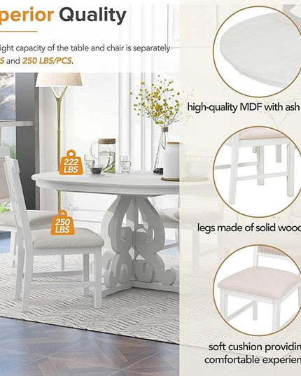 5-Piece Retro Functional Dining Set, Included Solid Wooden Extendable Table with a 16-inch Leaf and 4 Upholstered Chairs for Kitchen, Living Room, Home Bar, Antique White - LeafyLoom