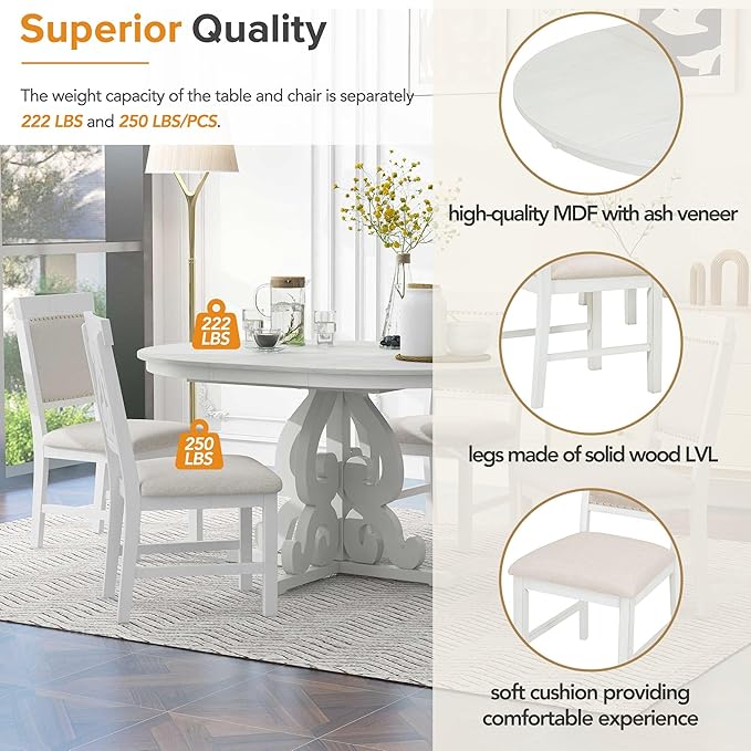 5-Piece Retro Functional Dining Set, Included Solid Wooden Extendable Table with a 16-inch Leaf and 4 Upholstered Chairs for Kitchen, Living Room, Home Bar, Antique White - LeafyLoom