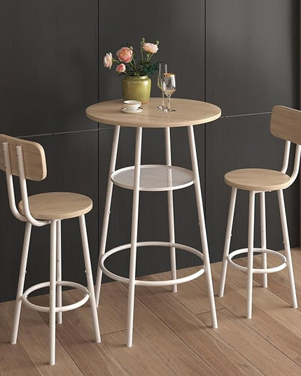 NicBex Small Dining Table for 2 Kitchen Table and Chairs Round Dining Table Set Bar Table, Equipped with 2 Bar Stools, with Backrest and Partition for Kitchen Breakfast, Party Room, White Oak - LeafyLoom