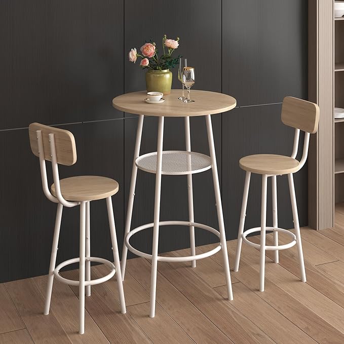 NicBex Small Dining Table for 2 Kitchen Table and Chairs Round Dining Table Set Bar Table, Equipped with 2 Bar Stools, with Backrest and Partition for Kitchen Breakfast, Party Room, White Oak - LeafyLoom