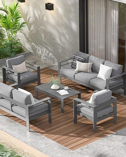 Wisteria Lane Aluminum Outdoor Patio Furniture Set, Modern Patio Conversation Sets, Outdoor Sectional Metal Sofa with 5 Inch Cushion and Coffee Table for Balcony, Garden, Dark Grey - LeafyLoom