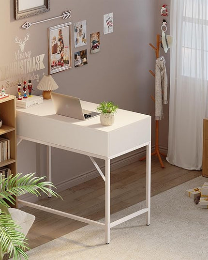 SUPERJARE 35.4" White Desk with 2 Drawers, Modern Makeup Vanity Desk, Small Computer Desk Home Office Desk for Writing Study Bedroom - LeafyLoom