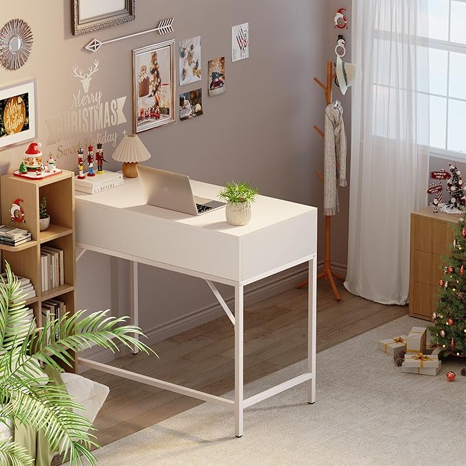 SUPERJARE 35.4" White Desk with 2 Drawers, Modern Makeup Vanity Desk, Small Computer Desk Home Office Desk for Writing Study Bedroom - LeafyLoom