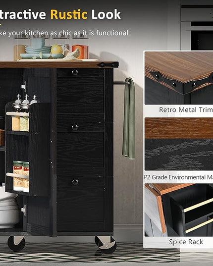 54.5" Farmhouse Island with Power Outlet & Drop Leaf, Rolling Kitchen Cart on Wheels w/Internal Storage, Spice, Towel Rack and Drawers, for Home, Dining Room, Black, 54.5 Inch - LeafyLoom
