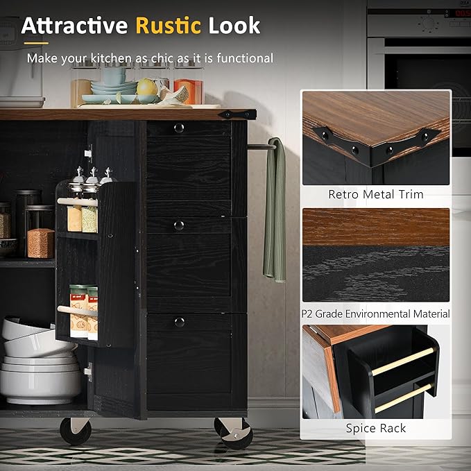 54.5" Farmhouse Island with Power Outlet & Drop Leaf, Rolling Kitchen Cart on Wheels w/Internal Storage, Spice, Towel Rack and Drawers, for Home, Dining Room, Black, 54.5 Inch - LeafyLoom