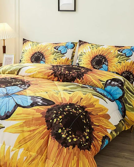 Sunflower Comforter Sets,Beautiful Seamless Pattern with Sunflower Blue Butterflies on White Background,Decorative Bedding Comforter Sets with 2 Pillow Shams, Queen Size - LeafyLoom