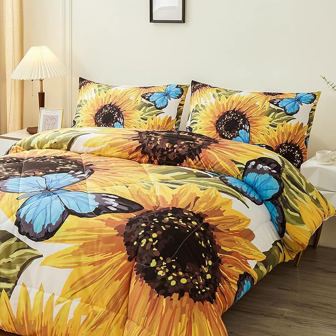 Sunflower Comforter Sets,Beautiful Seamless Pattern with Sunflower Blue Butterflies on White Background,Decorative Bedding Comforter Sets with 2 Pillow Shams, Queen Size - LeafyLoom
