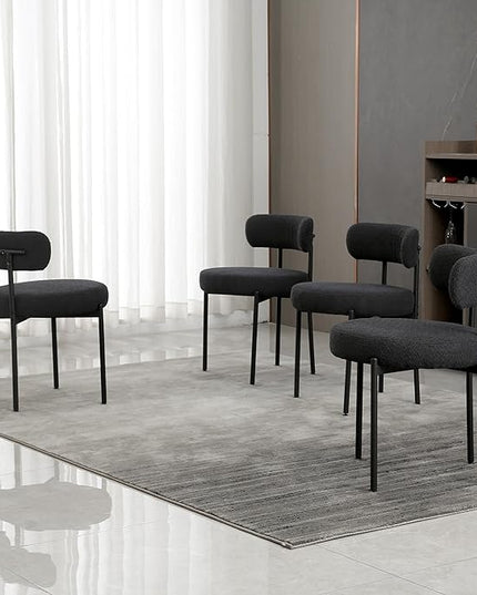 Black Dining Chairs Set of 4 Round Upholstered Boucle Dining Room Chairs Mid-Century Modern Kitchen Chairs Curved Backrest Chairs for Dining Room Black Metal Legs - LeafyLoom