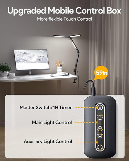 MediAcous LED Desk Lamp with Clamp, 20W Three Lights Desk Light for Home Office, Flexible Swing Arm, Control Box, 4 Color Modes, 4 Brightness, Memory Function, Eye-Caring Clip-on Lamp for Workbench - LeafyLoom