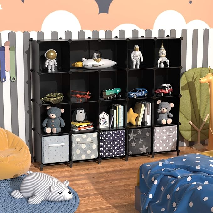 HOMIDEC 20-Cube Black Cube Storage Organizer, Modular Storage Shelf with Hammer, Cube Storage Bin Cabinet Closet Bookshelf for Living Room, Bedroom, Office, Each Cube Size 11.8 x 11.8 inch - LeafyLoom