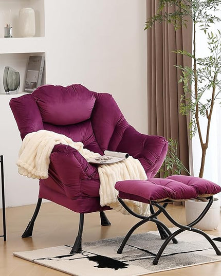 Lazy Chair with Ottoman, Modern Chair with Folding Footrest, Lounge Accent Chair, Comfortable Reading Chair (Dark Purple) - LeafyLoom