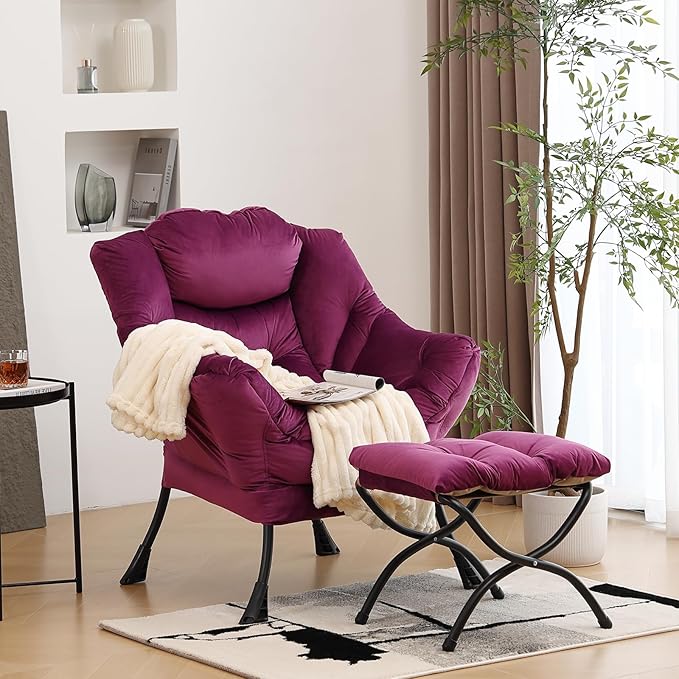 Lazy Chair with Ottoman, Modern Chair with Folding Footrest, Lounge Accent Chair, Comfortable Reading Chair (Dark Purple) - LeafyLoom
