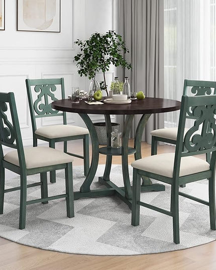 NicBex Dining Room Table Set for 4 Dining Table with Chairs 5-Piece Round Dining Table and 4 Fabric Chairs with Special-Shaped Table Legs and Storage Shelf, Antique Blue - LeafyLoom