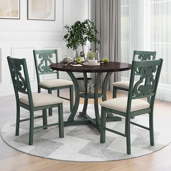 NicBex Dining Room Table Set for 4 Dining Table with Chairs 5-Piece Round Dining Table and 4 Fabric Chairs with Special-Shaped Table Legs and Storage Shelf, Antique Blue - LeafyLoom
