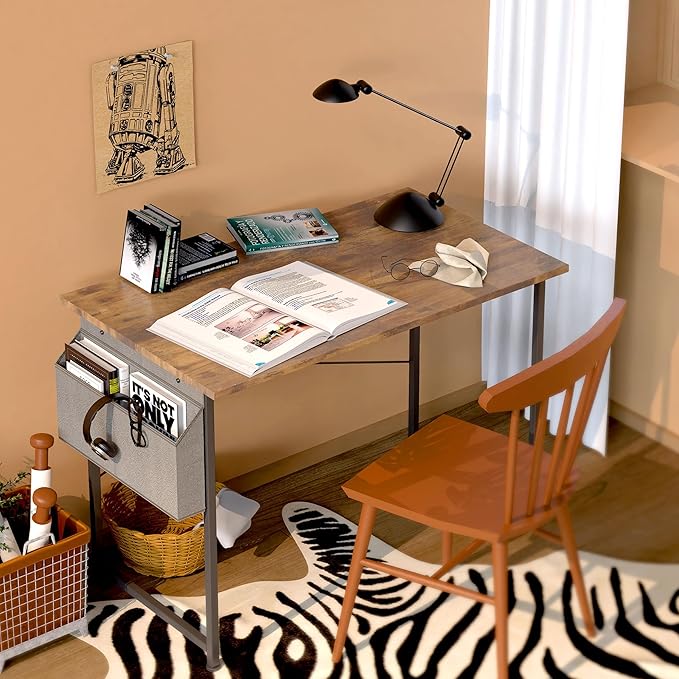 YSSOA Computer Desk Home Office Work Study Writing Modern Simple Table with Headphone Hooks, 40 Inch, Deep Brown - LeafyLoom