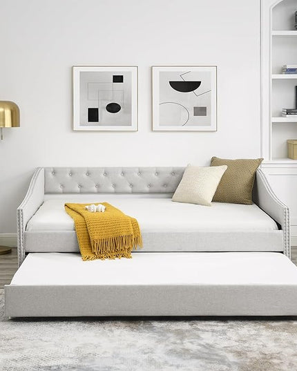 Full Size Upholstered Daybed with Twin Trundle, Wooden Sofa Bed w/Button Tufted Backrest and Waved Shape Arms, No Box Spring Needed, for Living Room, Bedroom, Dorm, Beige - LeafyLoom