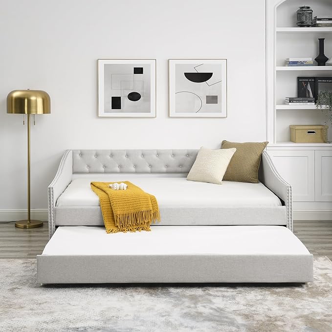 Full Size Upholstered Daybed with Twin Trundle, Wooden Sofa Bed w/Button Tufted Backrest and Waved Shape Arms, No Box Spring Needed, for Living Room, Bedroom, Dorm, Beige - LeafyLoom