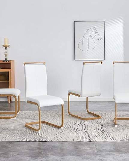 Dining Chairs Set of 4,High Back White Kitchen Chairs,Faux Leather Side Chair with Woodgrain Coloured Metal Legs,Easy to Clean Modern Upholstered Dining Chairs,Ideal for Living Room - LeafyLoom