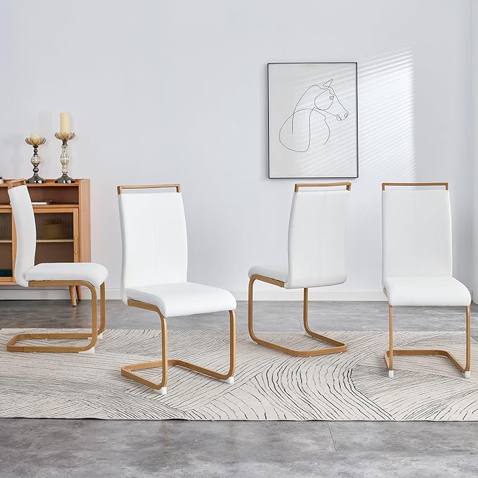 Dining Chairs Set of 4,High Back White Kitchen Chairs,Faux Leather Side Chair with Woodgrain Coloured Metal Legs,Easy to Clean Modern Upholstered Dining Chairs,Ideal for Living Room - LeafyLoom