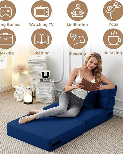 Convertible Folding Sofa Bed - Sleeper Chair with Pillow, Modern Linen Fabric Floor & Futon Couch, Foldable Mattress for Living Room/Dorm/Guest Use/Home Office/Apartment, Single Size, Navy Blue - LeafyLoom