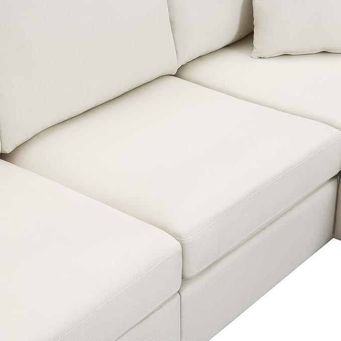 90" Modular Sectional Sofa with Convertible Ottoman, 5 Seats L-Shape Reversible Solid Corner Sofa with 2 Pillows, Linen Modern Sleeper Couch for Living Room, Apartment, Office (Cream White) - LeafyLoom