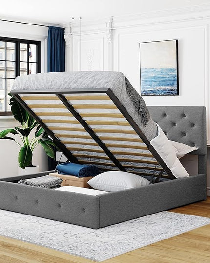 Queen Size Upholstered Platform Bed with Hydraulic Storage System, Lift Up Storage Bed Full Size with Headboard and Button Tufted, Wooden Bedframe for Teens Adults - LeafyLoom