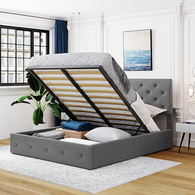 Queen Size Upholstered Platform Bed with Hydraulic Storage System, Lift Up Storage Bed Full Size with Headboard and Button Tufted, Wooden Bedframe for Teens Adults - LeafyLoom