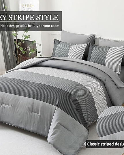 WONGS BEDDING Grey Comforter Set King, Reversible Grey Striped Down Alternative Comforter for King Bed,3 Pieces (1 Comforter+2 Pillowcases), Boho Soft Microfiber Bedding Set 104"×90" - LeafyLoom