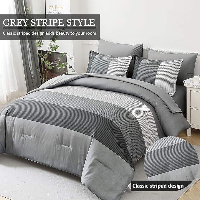 WONGS BEDDING Grey Comforter Set Queen, Reversible Grey Striped Patchwork Down Alternative Comforter for Queen Bed,3 Pieces (1 Comforter+2 Pillowcases), Boho Soft Microfiber Bedding Set 90"×90" - LeafyLoom