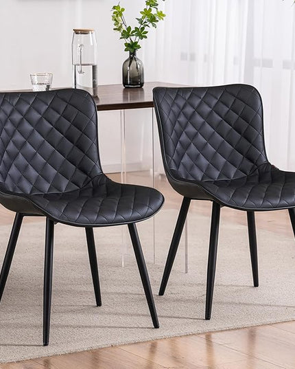 YOUTASTE Black Dining Chairs Set of 2 Mid Century Modern PU Leather Diamond Upholstered Accent Guest Dinner Chair with Back Metal Legs for Kitchen Living Reception Waiting Room - LeafyLoom