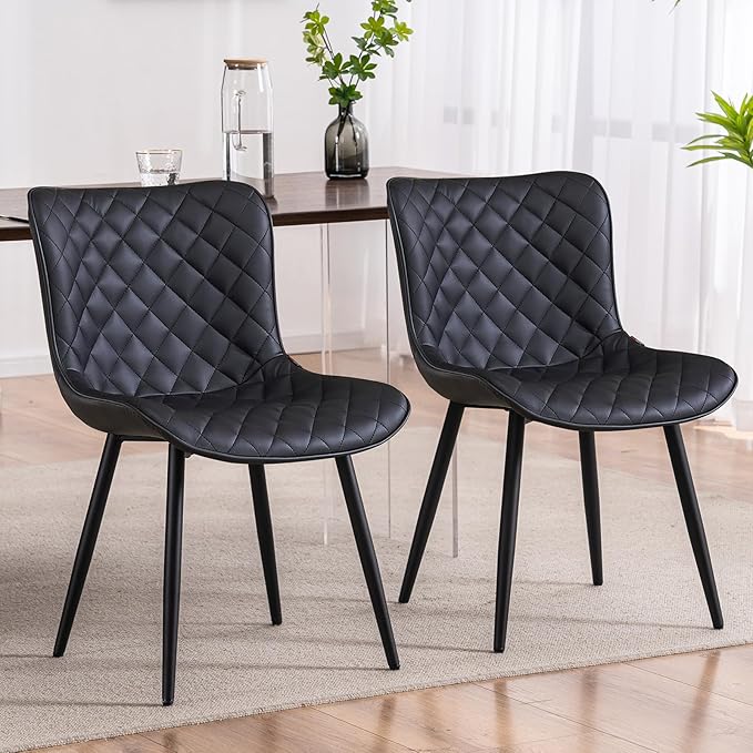 YOUTASTE Black Dining Chairs Set of 2 Mid Century Modern PU Leather Diamond Upholstered Accent Guest Dinner Chair with Back Metal Legs for Kitchen Living Reception Waiting Room - LeafyLoom