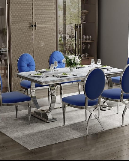 ACEDÉCOR Blue Dining Room Chairs, Blue Velvet Dining Chair with Mirrored Silver X-Shaped Stainless Steel Legs, Mid Century Modern Upholstered Dining Chairs for Dining Room, Kitchen, Living Room - LeafyLoom