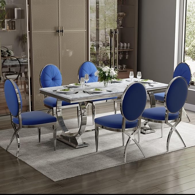 ACEDÉCOR Blue Dining Room Chairs, Blue Velvet Dining Chair with Mirrored Silver X-Shaped Stainless Steel Legs, Mid Century Modern Upholstered Dining Chairs for Dining Room, Kitchen, Living Room - LeafyLoom