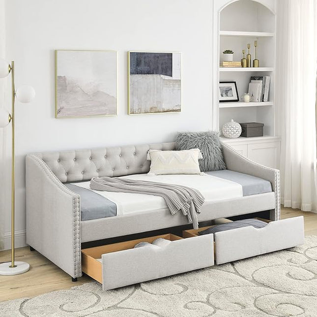 Twin Size Daybed with 2 Storage Drawers,Linen Upholstered Sofa Bed W/Button on Back & Copper Nail on Waved Shape Armrests,No Spring Box Need,Wood Bedframe for Living Room Bedroom Dorm,Beige - LeafyLoom