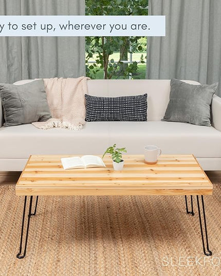 Sleekform Folding Wooden Coffee Table - Collapsible 20x40 Light Wood Mini Desk - Lightweight Foldable Coffee Tables for Small Spaces - Fold Up Hairpin Legs - Birch Wood Finish - LeafyLoom