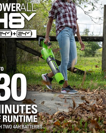 Greenworks 48V (2 x 24V) Cordless Brushless Axial Leaf Blower (140 MPH / 585 CFM / 125+ Compatible Tools), (2) 4.0Ah Batteries and Dual Port Rapid Charger Included - LeafyLoom