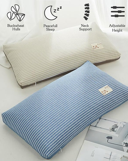 Buckwheat Bed Pillow for Sleeping Cervical Support Buckwheat Hull Pillow, Cooling Firm Buckwheat Neck Pillow,Adjustable Loft, Removable Pillowcase, Blue 24"X14" - LeafyLoom