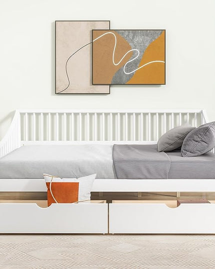 Full Size Daybed with Two Drawers,Solid Wood Storage Bed Frame W/Wooden Slat Support,Guide Rail Design on Three Sides,Easy to Assemble,for Bedroom Living Room,White - LeafyLoom
